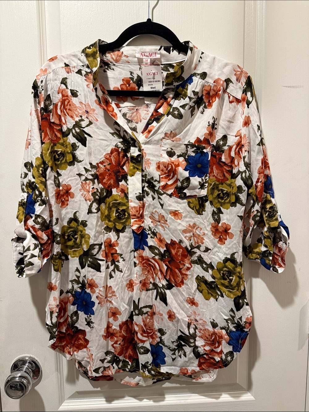 a'gaci White Floral Button-Down Top with Orange, Olive & Blue Accents